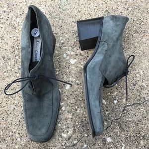 Soft Gray Suede Thick Heel Lace Up Oxford Shoe